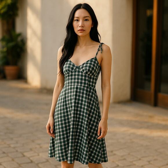 AE American Eagle Green White Plaid Seamed Bodice Tie Strap Mini Dress Medium - Picture 1 of 6